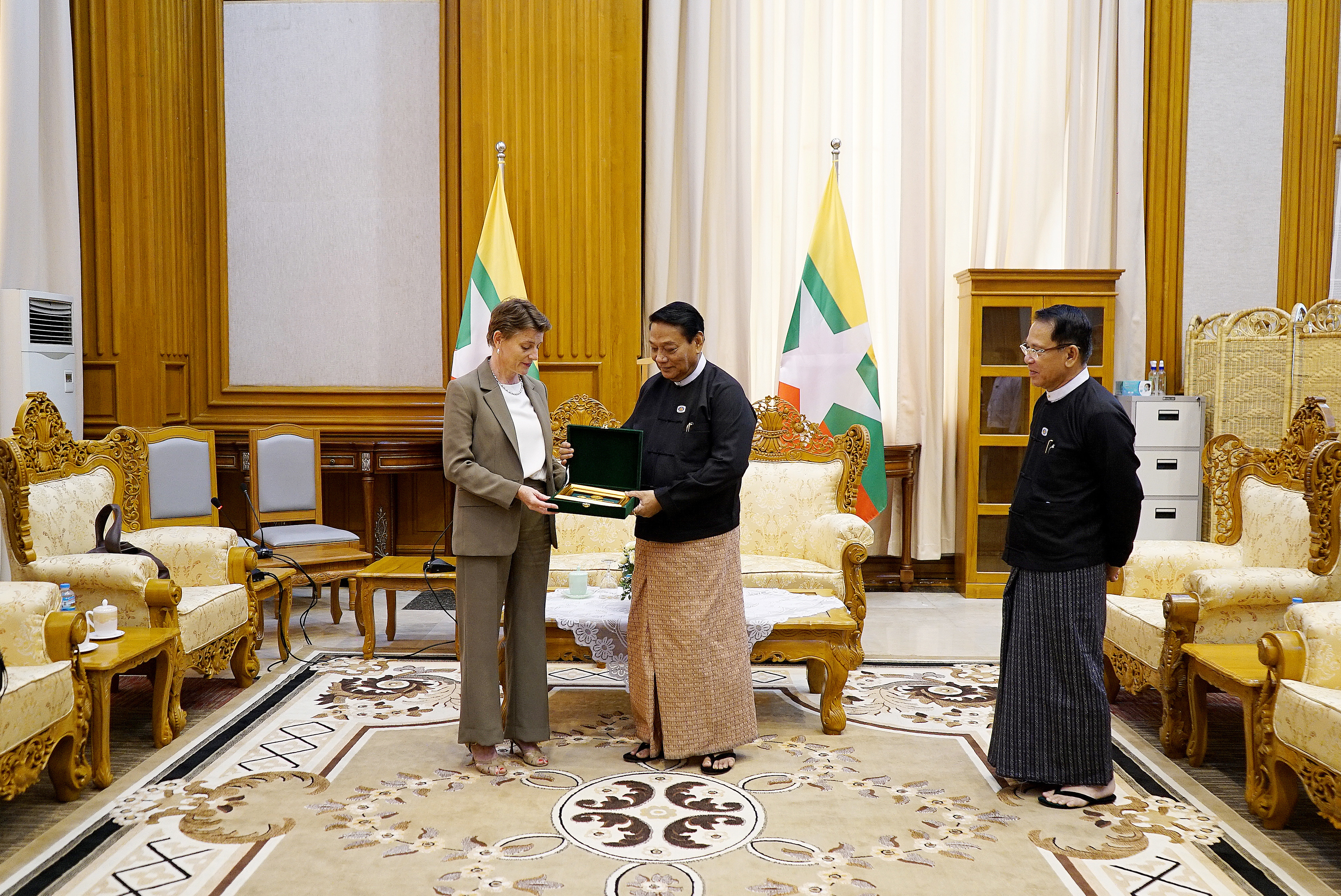 ပြည်သူ့လွှတ်တော်ဥက္ကဋ္ဌ ဦးခင်ရီ ကုလသမဂ္ဂအဖွဲ့အစည်းများ၏ အကြီးအမှူးဖြစ်သူ Ms. Gwyn Lewis ဦးဆောင်သောကိုယ်စားလှယ်အဖွဲ့အား  လက်ခံတွေ့ဆုံ